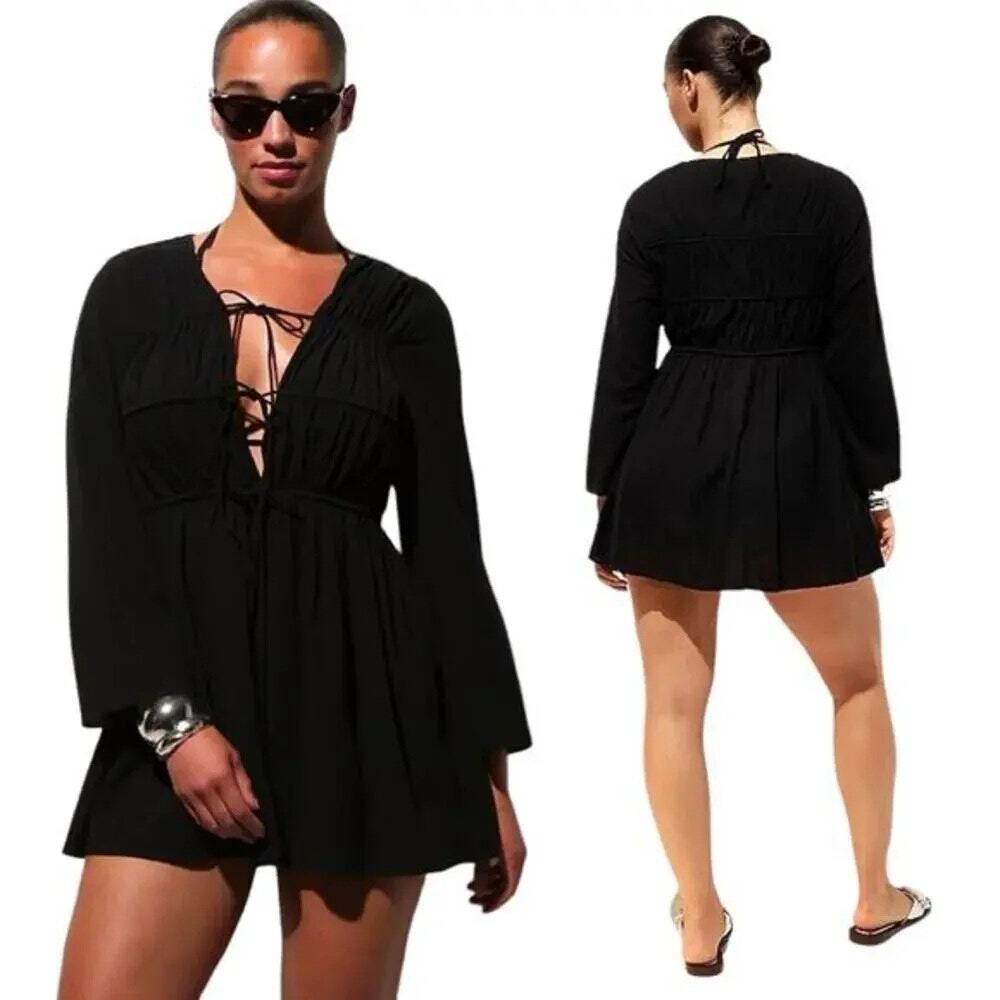 J Crew Womens Tiered Tie Front Beach Dress Swim Cover Black Vacation Cotton XXS